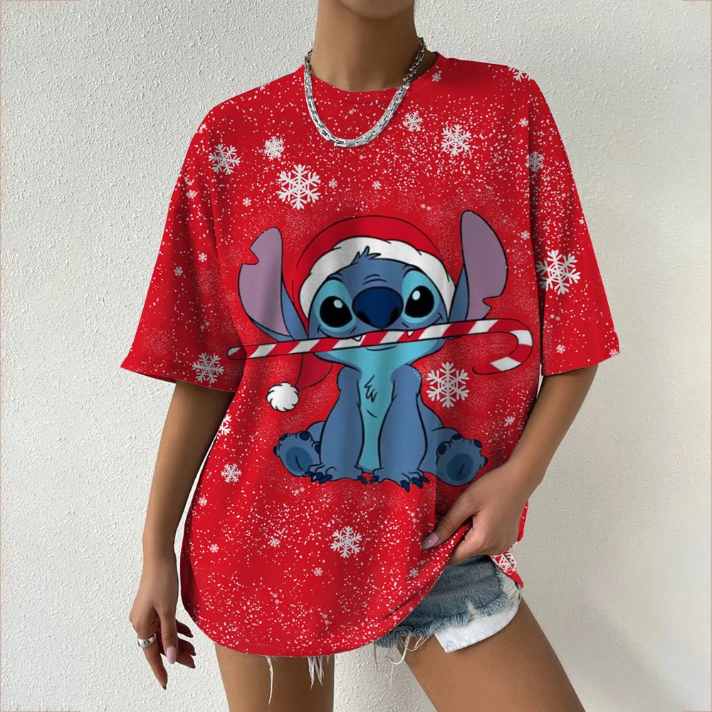 

Disney Stitch Christmas T-Shirt Oversized Festive Winter Top with Santa Hat Candy Cane Graphic & Snowflake Print Tee for Ladies