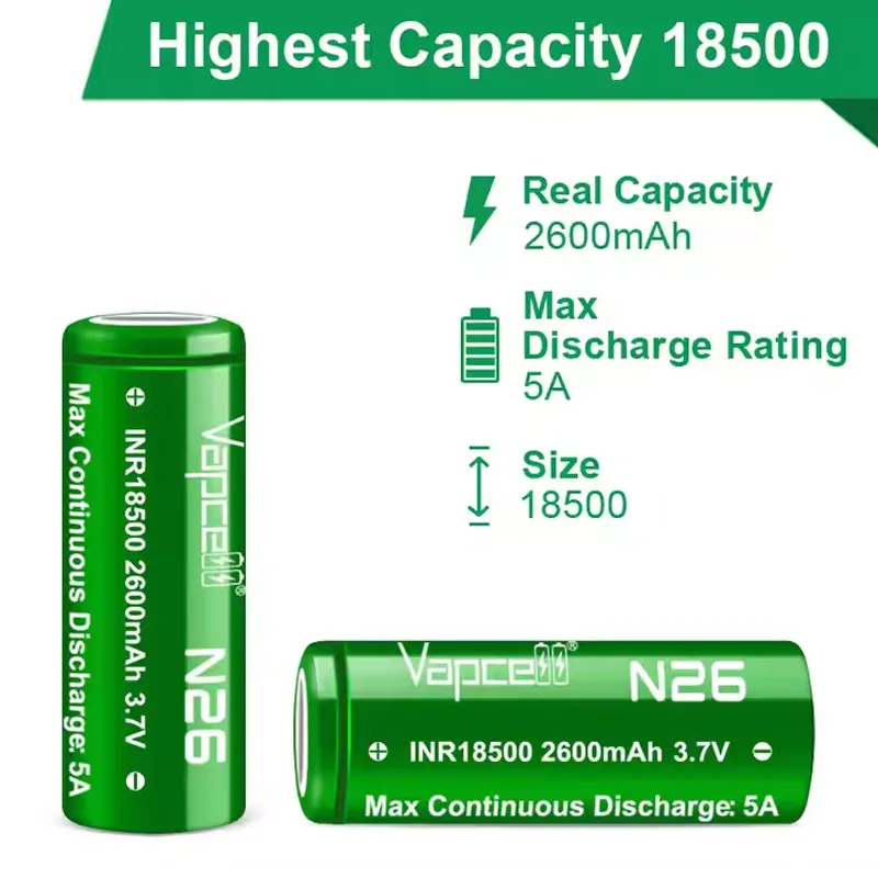 Vapcell-Batterie aste haute capacité pour jouets télécommandés, cellule 18500, INR N26 2600, 3.7 mAh, CDR 5A, 18500 V, Eddie ion