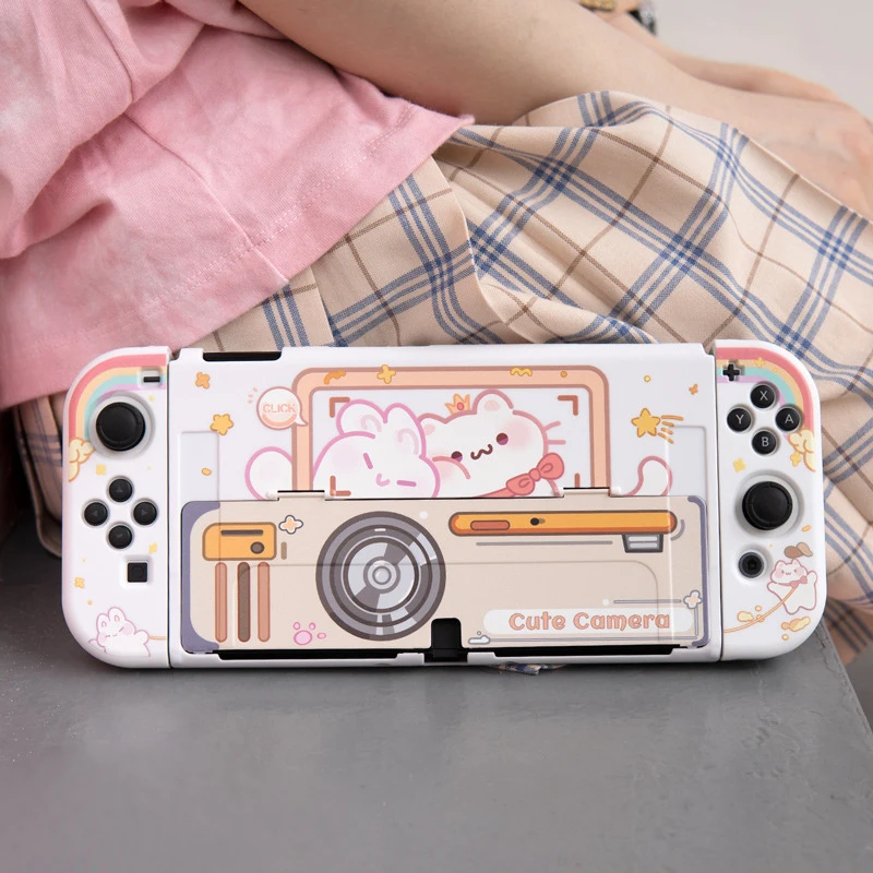 

Nintend Switch OLED Console Shell Cute Camera Cat Switch Oled Case Joy-Con Controller Anti-Scratch Kawaii Hard PC Cover for Oled