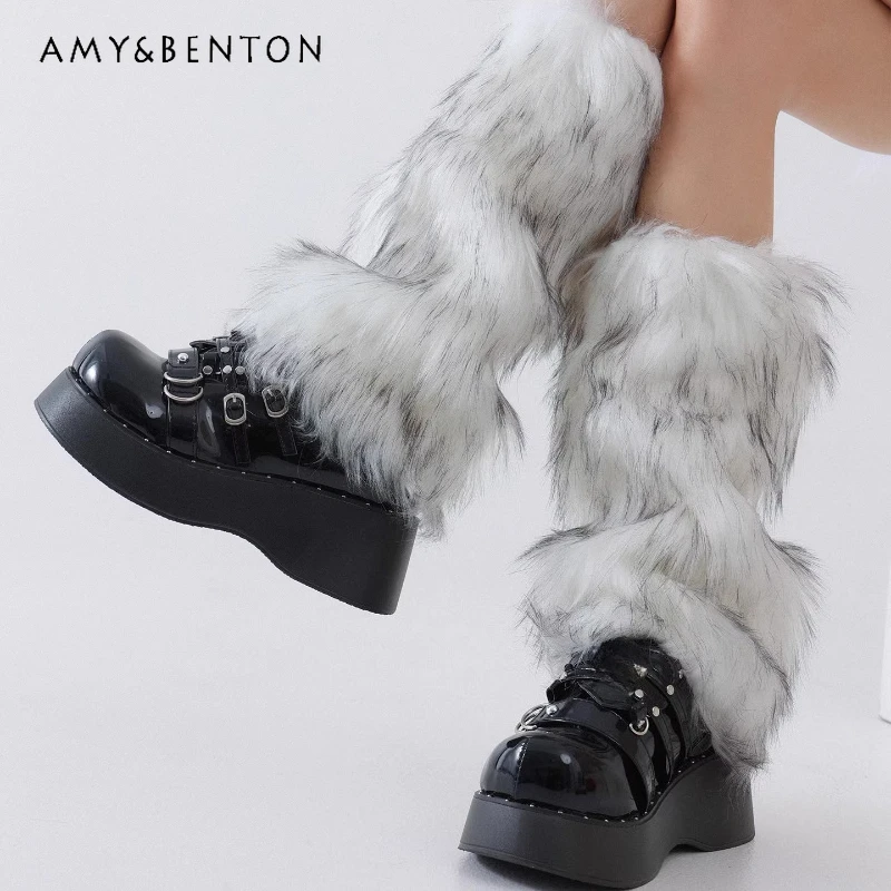 

Autumn Winter Tie-Dye Furry Women's Socks Japanese Design Fleece Lined Thickened Warm Y2K Subculture Hot Girl Leg Warmers Ladies