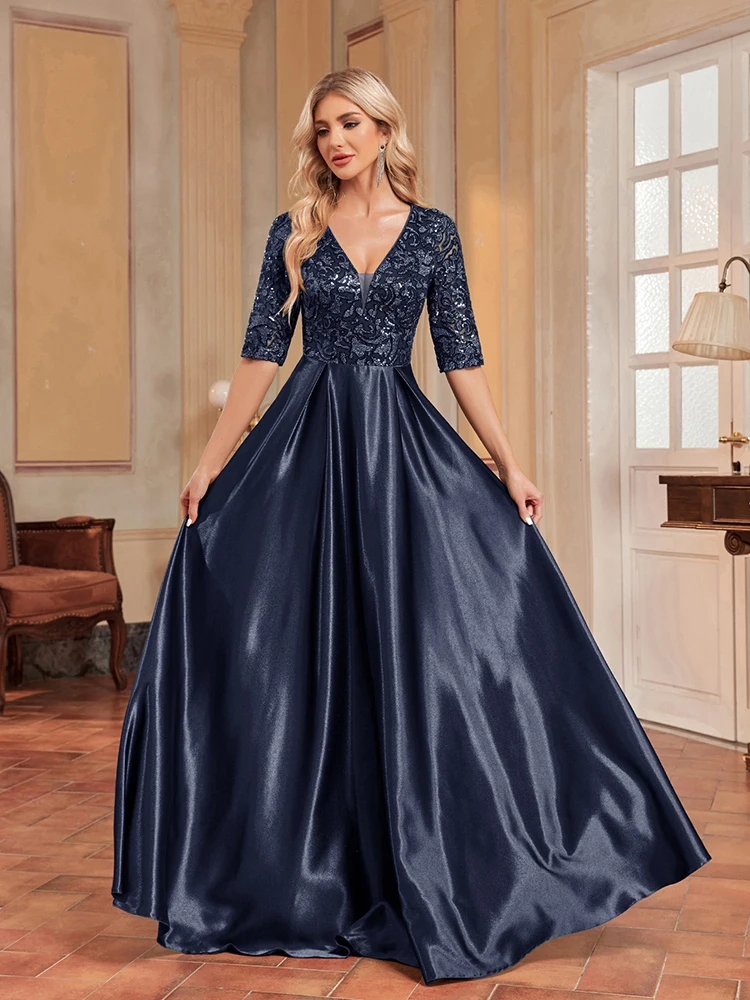 XUIBOL Elegant Short Sleeve Blue Sequins Evening Dress Women Satin Sexy V-neck Wedding Party Prom Cocktail Floor Lenght Dresses