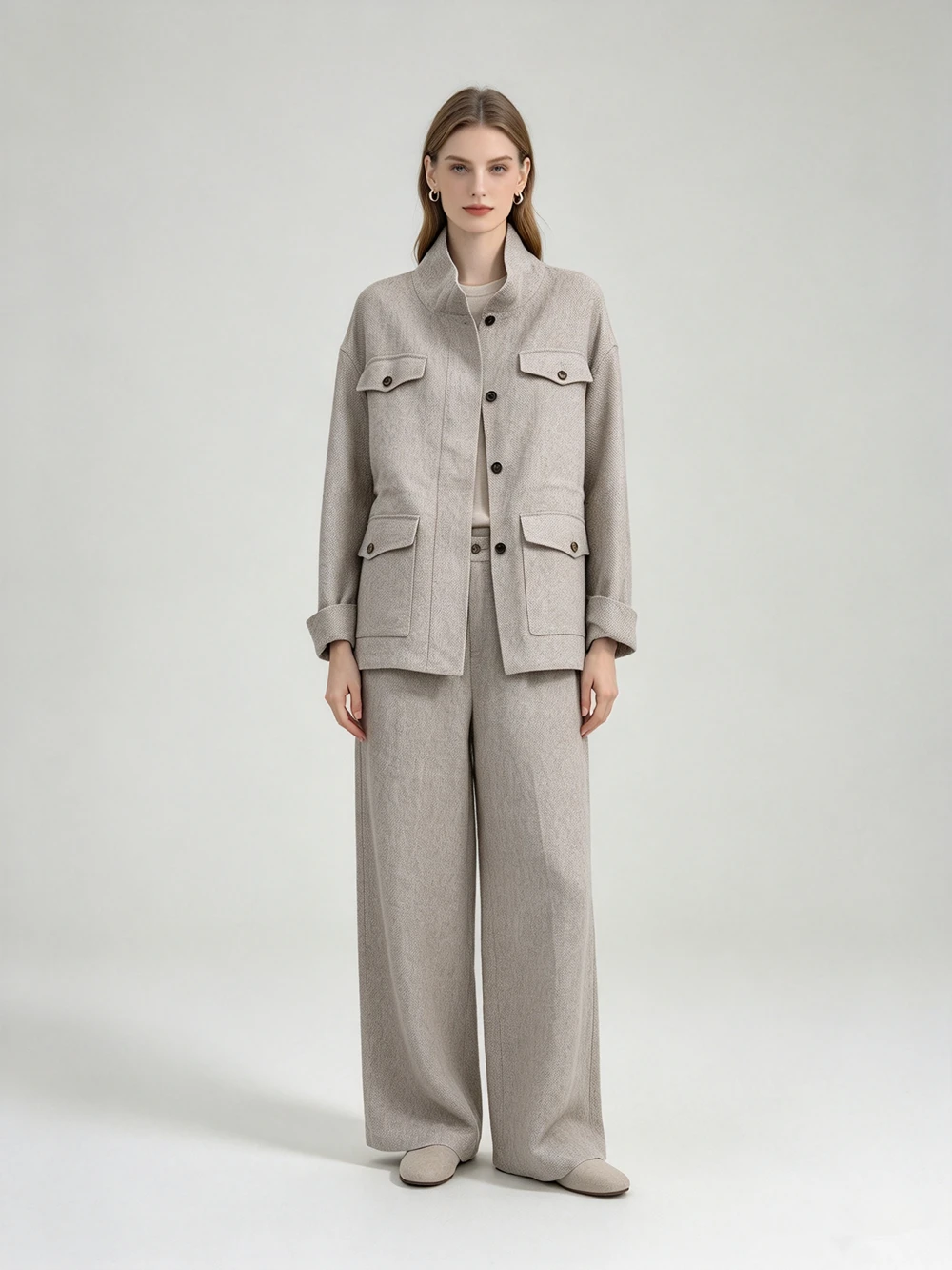 2026 New Collection Elegant Women's Sets Pur Linen Long Sleeved Jacket High Waist Wide Leg Pants 2-Piece Suit Female Clothing