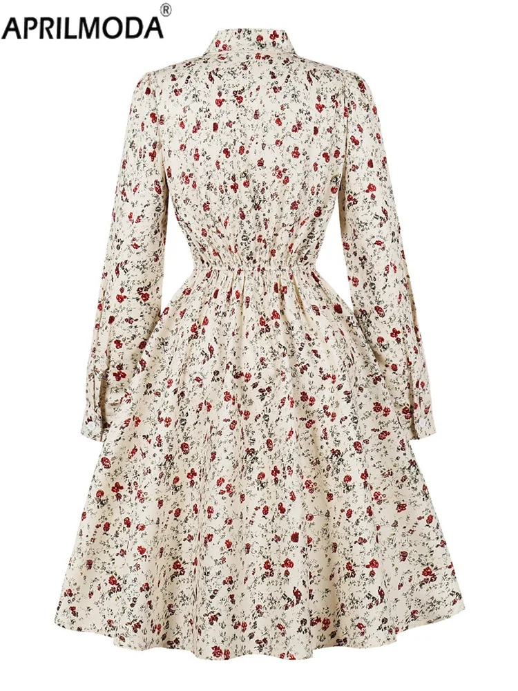 2025 Abito casual da donna vintage in stile francese con stampa a fiori piccoli con fiocco a maniche lunghe autunno una linea svasata abito da festa da tè