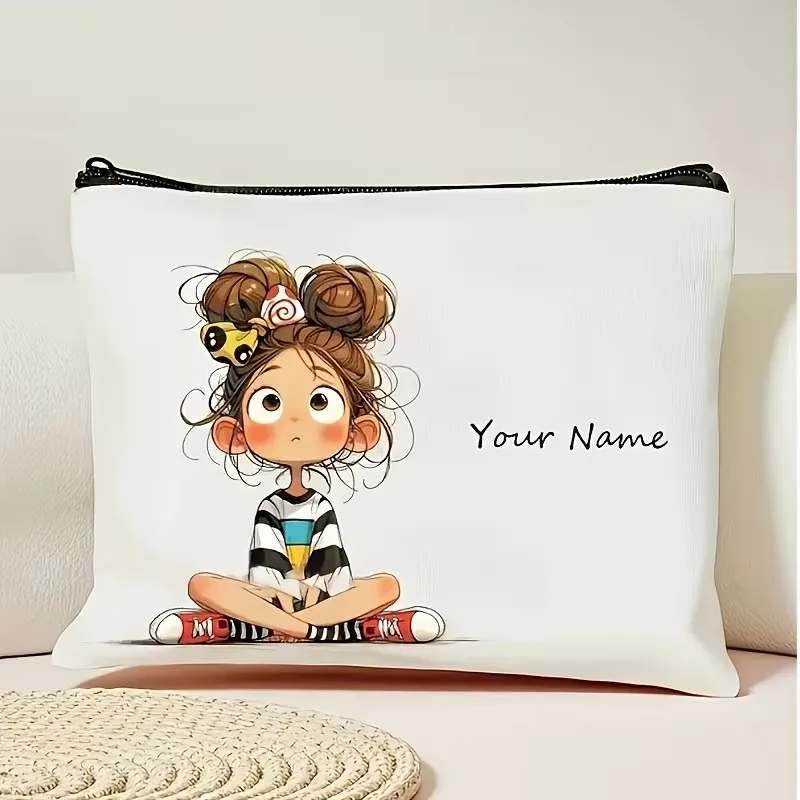 Custom Name Cute Girl Print Cosmetic Bag Portable Zipper Makeup Pouch Travel Toiletry Organizer Perfect Birthday Gift For Friend