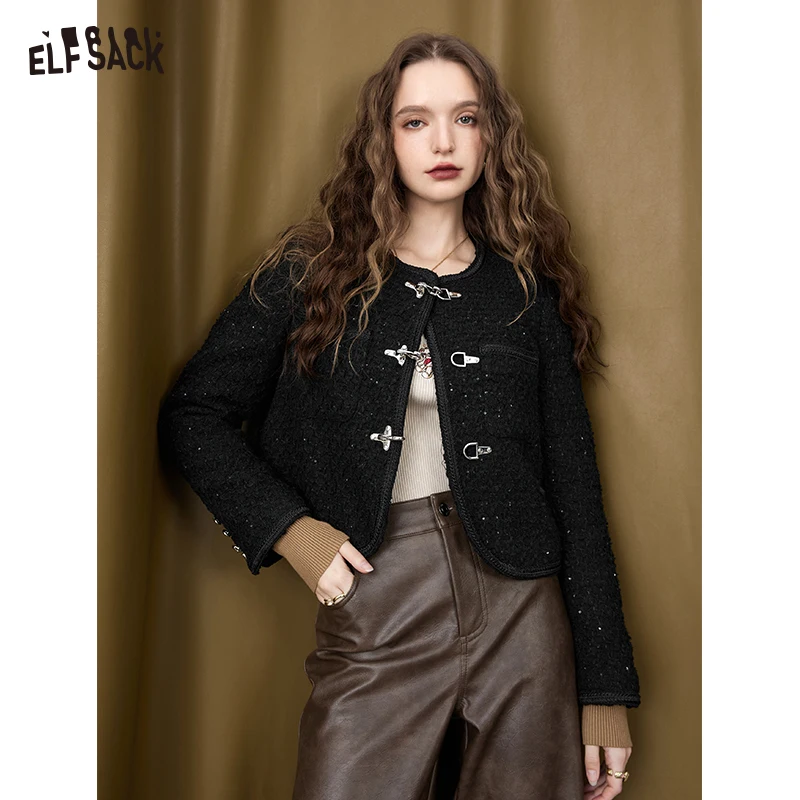 

ELFSACK Tweed Woolen Coats Woman 2023 Winter Elegant Short Cotton Jackets