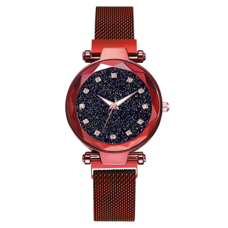 Reloj de marca de lujo para mujer, relojes de cuarzo de cristal para mujer, reloj de malla con hebilla magnética, reloj femenino con cielo estrellado