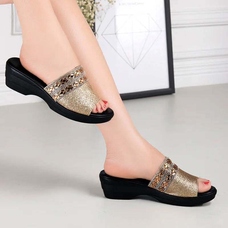 Platform Slippers Women 2024 Summer New Wedges Shoes For Womans Rhinestones  Mother  Elegant Medium Heel Sandals Ladies Shoes