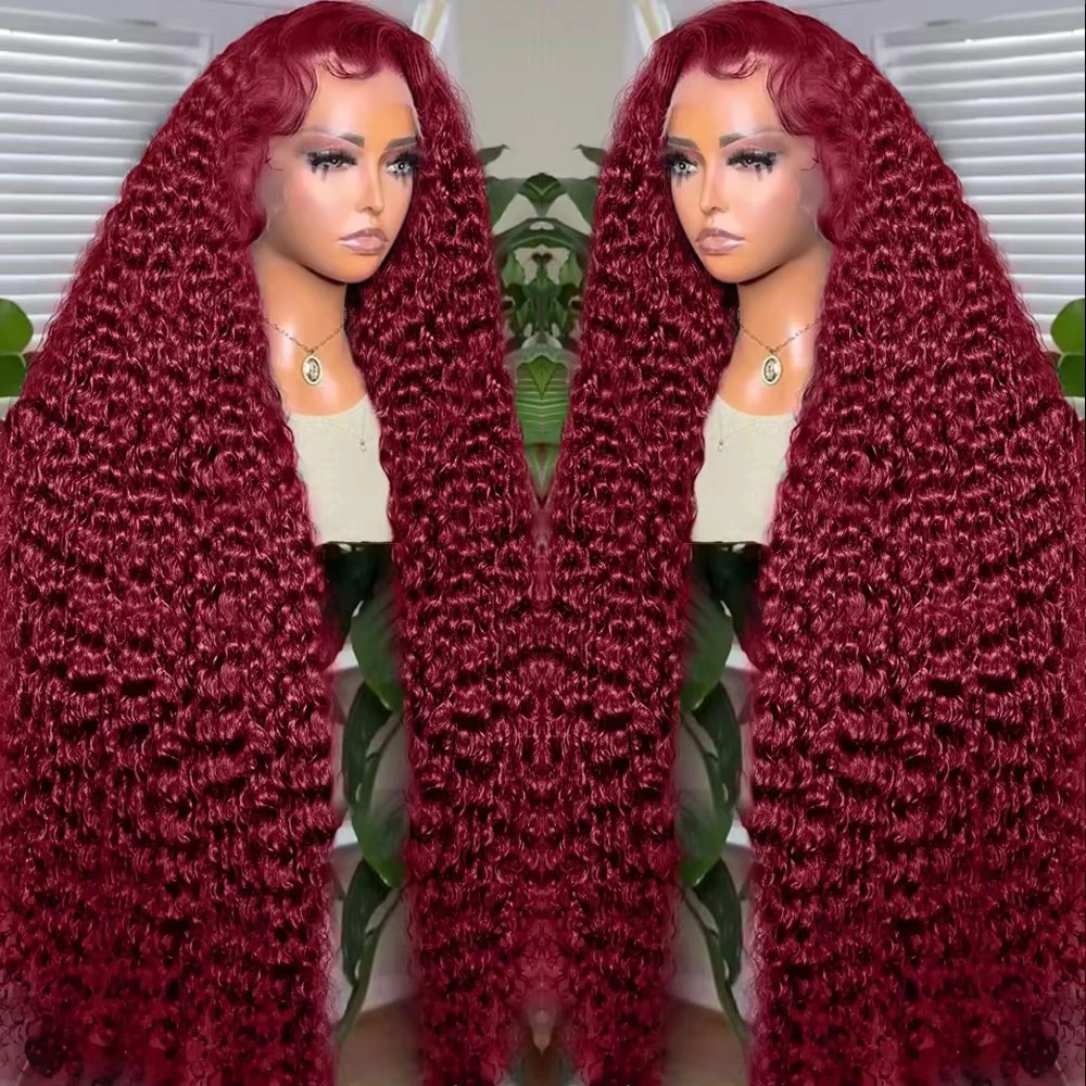 13x4 13x6 Deep Curly HD Lace Frontal Wig Transparent 99J Burgundy Curly Lace Front Wigs Red Colored Deep Wave Human Hair Wigs