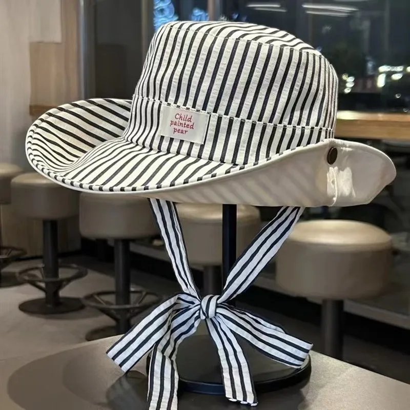 

New Reversible Cotton Bucket Hat Summer Outdoor Striped Fisherman Hats Women Large Brim Foldable Sunscreen Beach Sun Hats