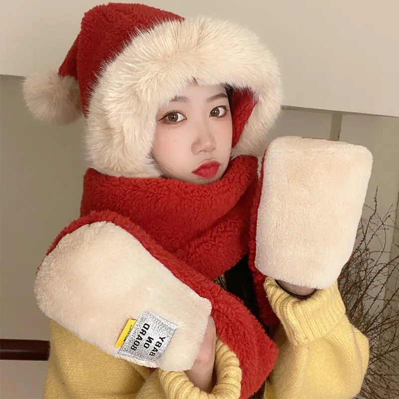 Christmas, Little Red Riding Hood New Cute Hat Scarf One Woman Winter Hooded Bib Thickened Warm Plush Three-piece Cycling