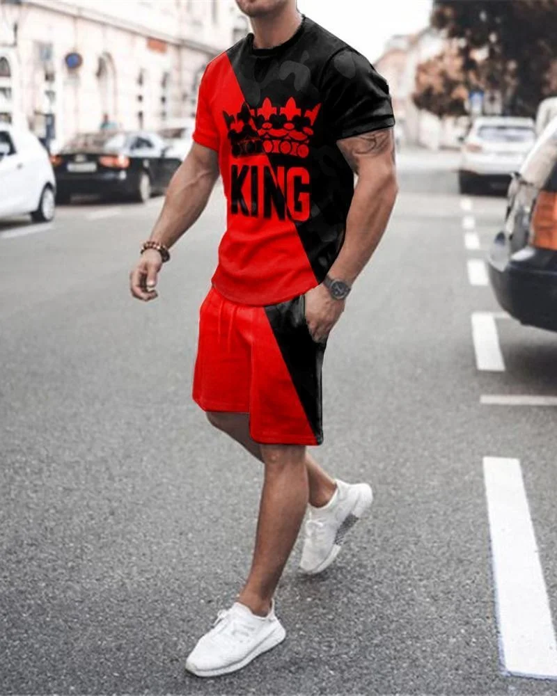 Summer Men Tracksuit King 3D Printed Casual T-shirt 2 Piece Set Oversized Suit Sportswear Breathable O-neck Street Man Clothing