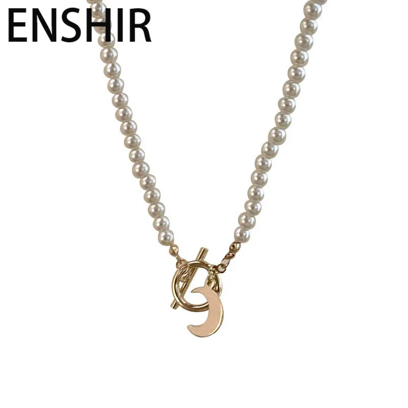 ENSHIR Pearl Moon Imitation Necklace for Women Lady Party Choker Clavicle Chain Retro Elegance Jewelry Gifts