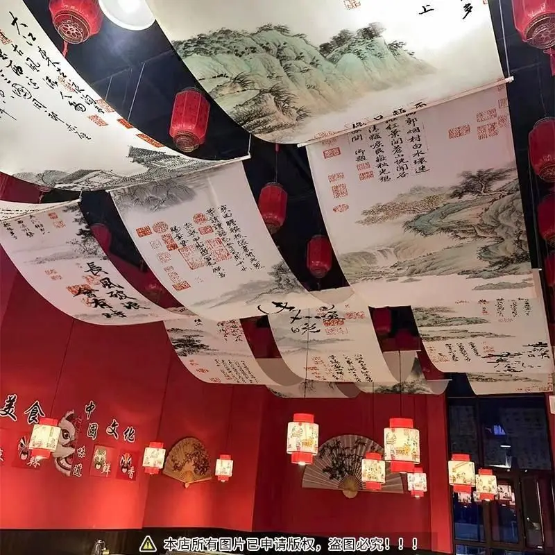 VIKAMA Ceiling Decoration Canopy Hanging Fabric Chinese Landscape Calligraphy Restaurant Bar Cafe Home Decor