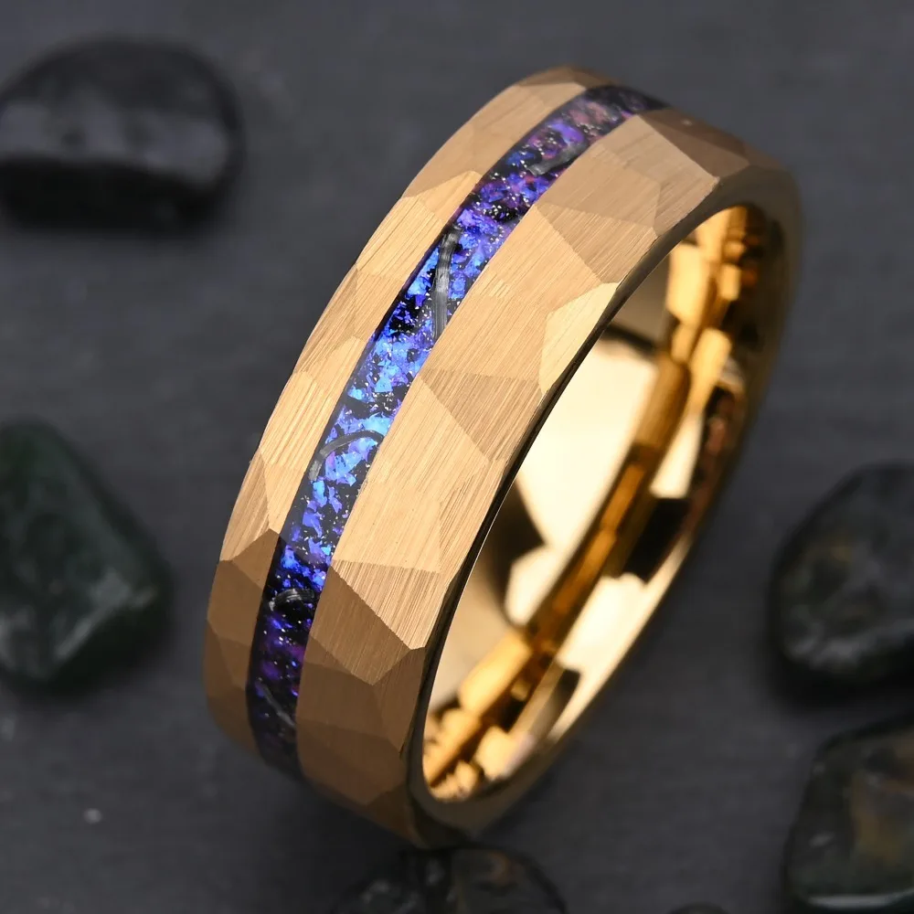 Somen 8mm Hammered Tungsten Carbide Ring For Men Blue Purple Galaxy Opal Meteorite Inlay Wedding Band Anniversary Jewelry Gift