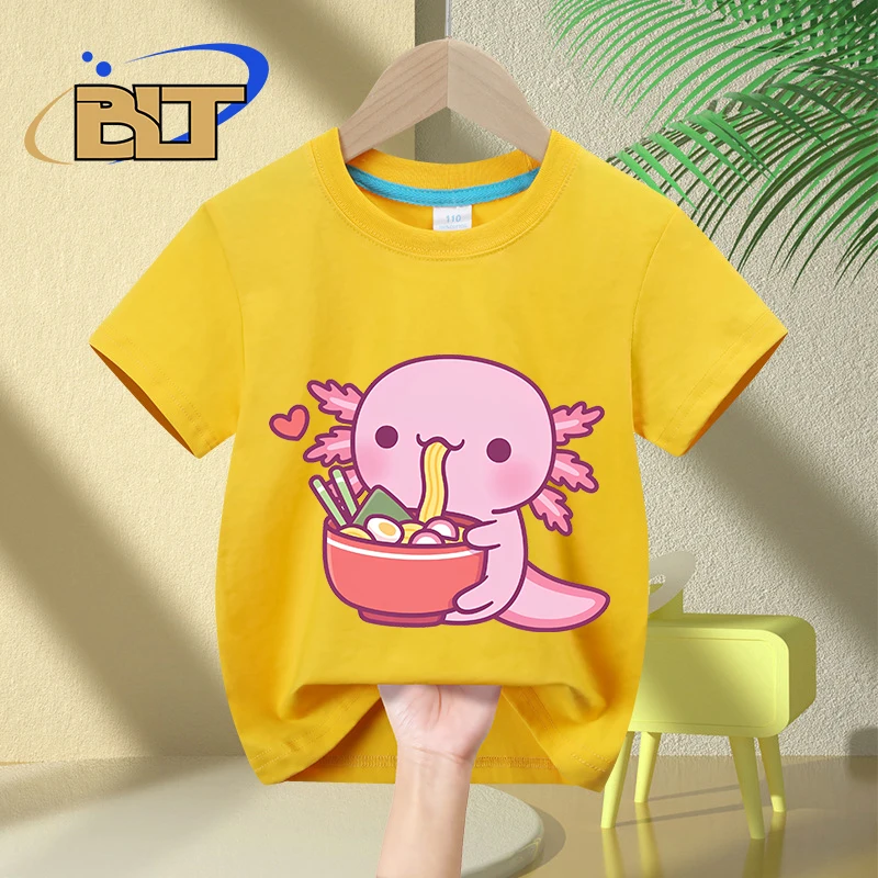 Śliczny aksolotl uwielbia jeść japoński makaron Ramen z nadrukiem dzieci t-shirt letni z czystej bawełny z krótkimi rękawami dla chłopców i dziewcząt