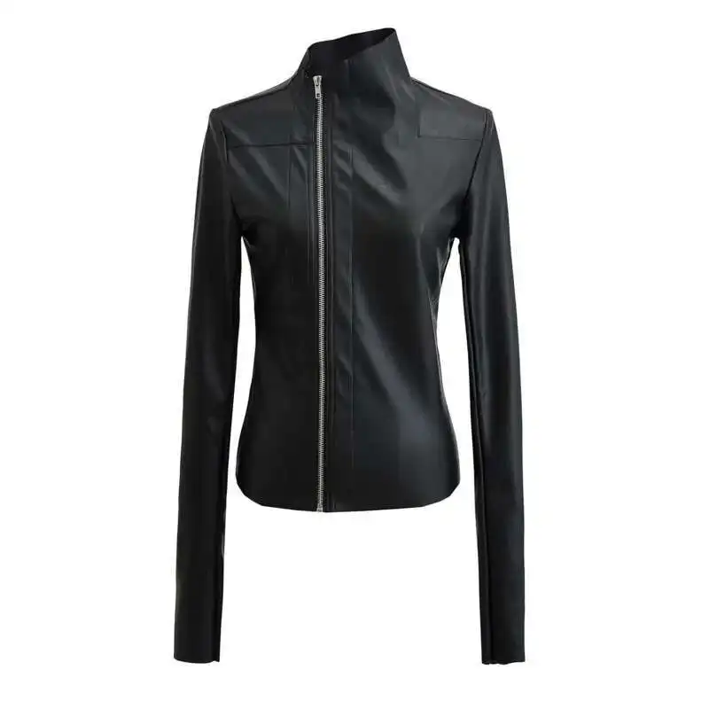 HKSH خريف ربيع جديد المرأة المد الأمريكية خمر مهدب سليم صالح دراجة نارية بولي Leather سترة جلدية الوقوف طوق شيك الظلام H2927