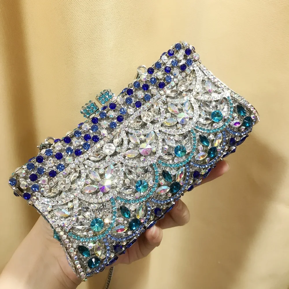 Blue Crystal Women Dinner Clutch Rhinestone Evening Bags Shiny Stylish Handbags for Female Luxury Designer Purse Party Bride Bag