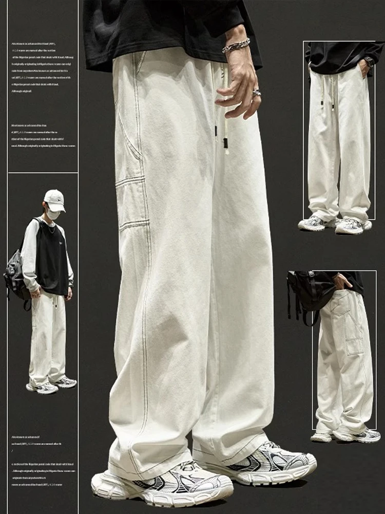 

Модные белые повседневные брюки в американском стиле ретро, мужские весенне-осенние свободные прямые джинсы, рабочая одежда, широкие длинные брюки