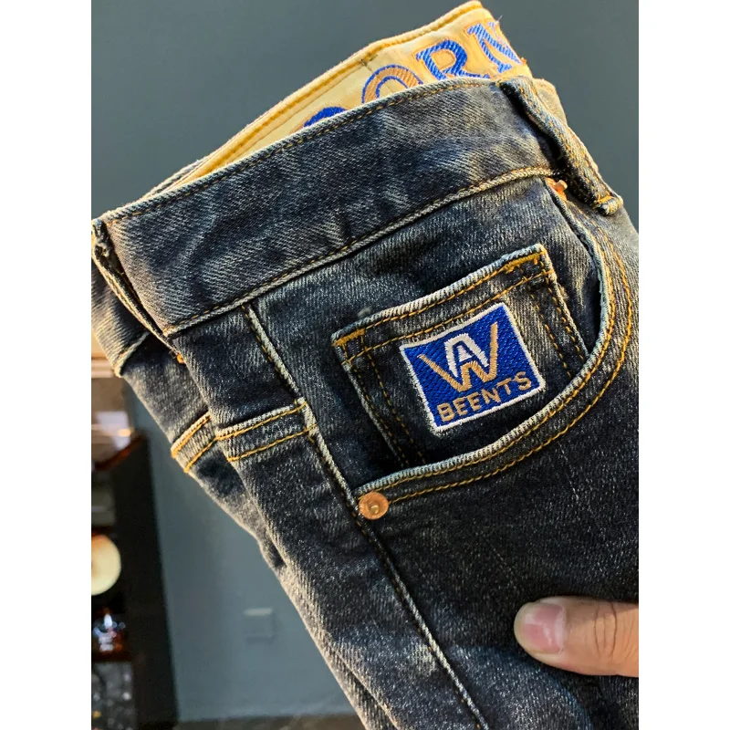 Высококачественные мужские джинсы, осенний тренд 202, потертые американские повседневные маленькие прямые эластичные брюки для мужчин