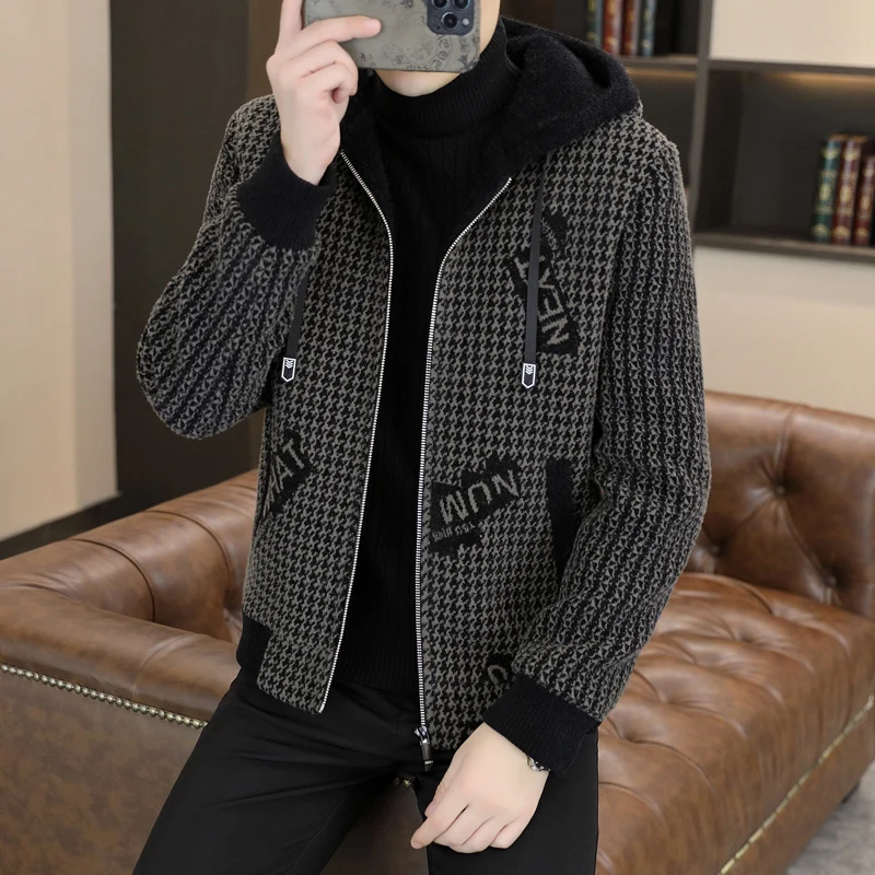 Korean Fashion Winter Hooded Woolen Jacket for Men Plaid Letter Jacquard Casual Business Trench Coat Social Streetwear Overcoat