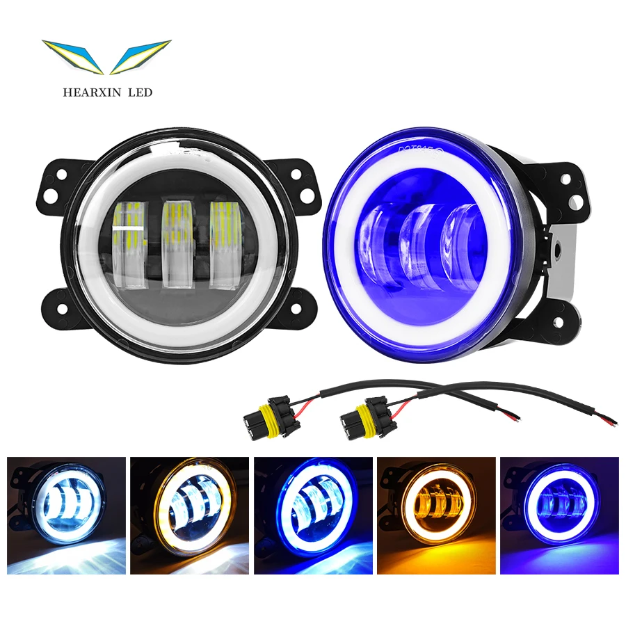 

4-дюймовые светодиодные противотуманные фары Автомобильные фары дальнего света с белым/синим кольцом Halo DRL Янтарный указатель поворота для Jeep Wrangler JK TJ Dodge