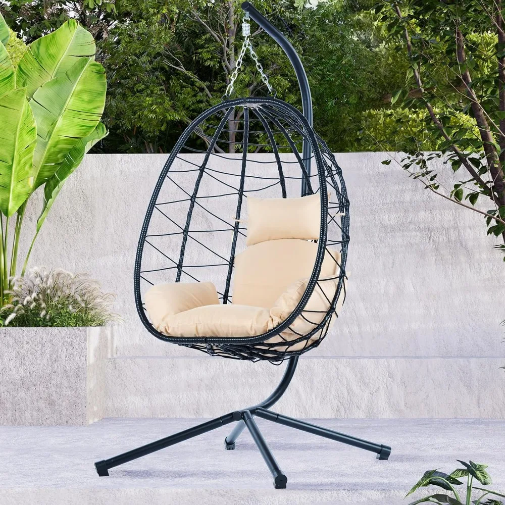 

Hanging Egg Chair with Stand, Black Wicker Rattan Swing Egg Chair, Indoor Outdoor Hanging Chairs, Patio Swing