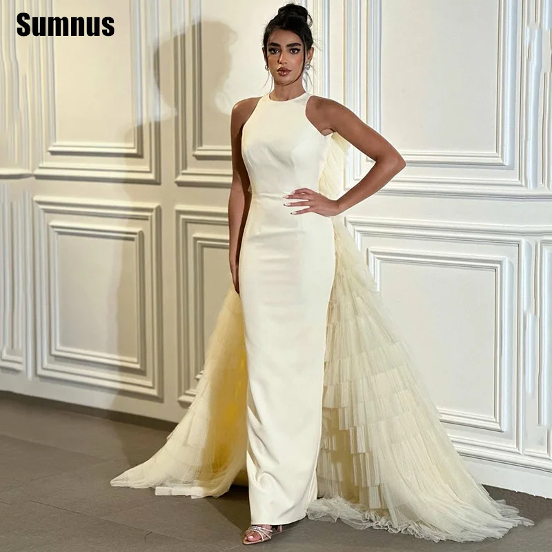 

Sumnus Simple Mermaid Evening Dresses Satin O-Neck Maxi Formal Occasion Dresses With Train Gala فساتين سهرة Customized