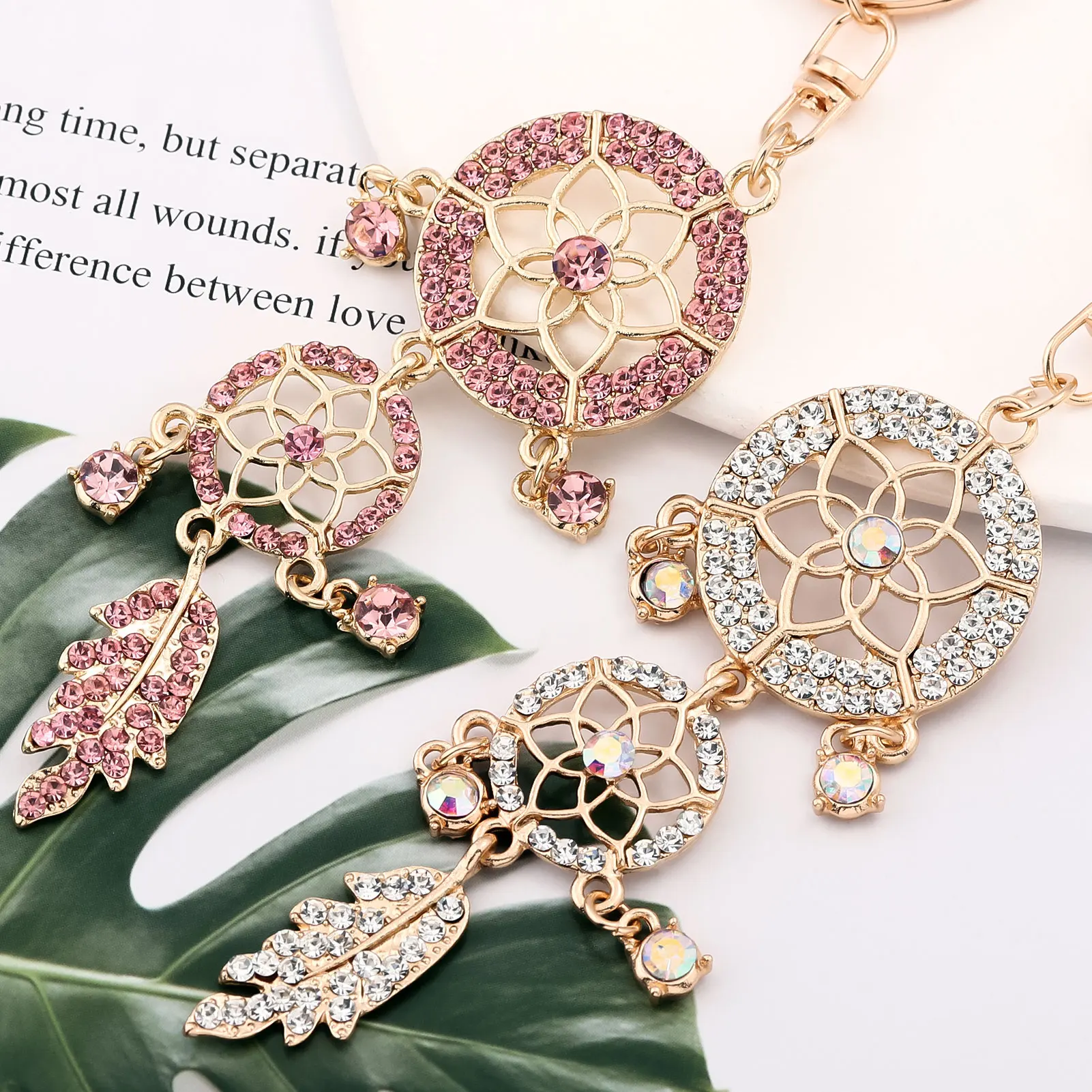 Shining Crystal Pearl Feather Dream Catcher Car Ornament Elegant Hollow Metal W/ Sparkling Crystals Perfect Gift for Women
