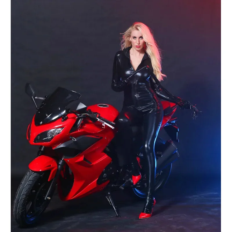 Plus Size Faux Leather Exotic Sexy Lingerie Women's Wingery Zip Zip Open Crotch Jumpsuit Clubwear DS Crotchless Latex Catfollow