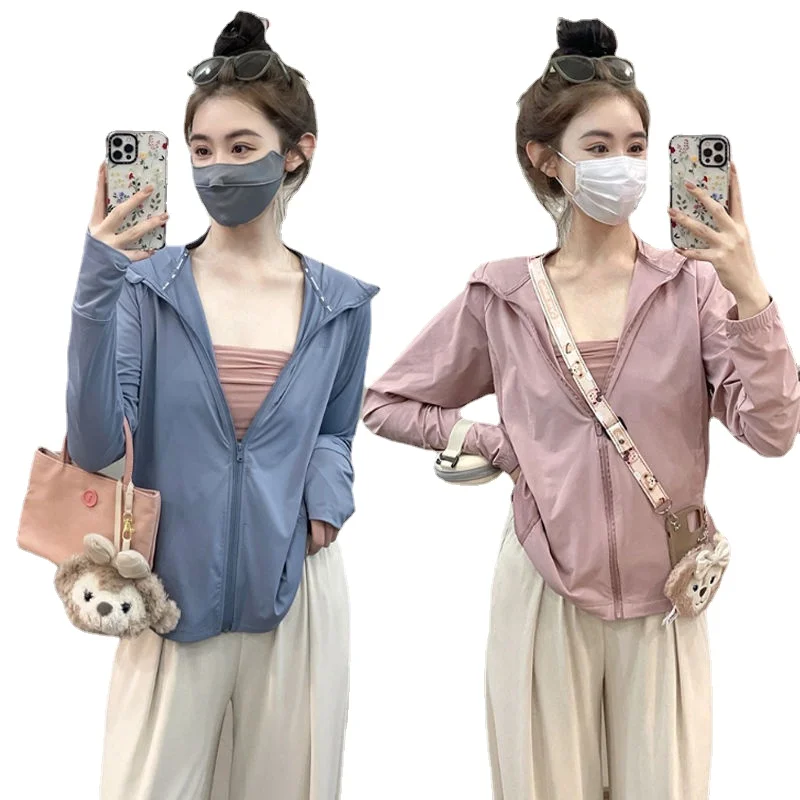 Autumn and Summer Women's Sunscreen Topcoat Hooded Solid Casual Coat Loose and Thin Sunscreen Parka