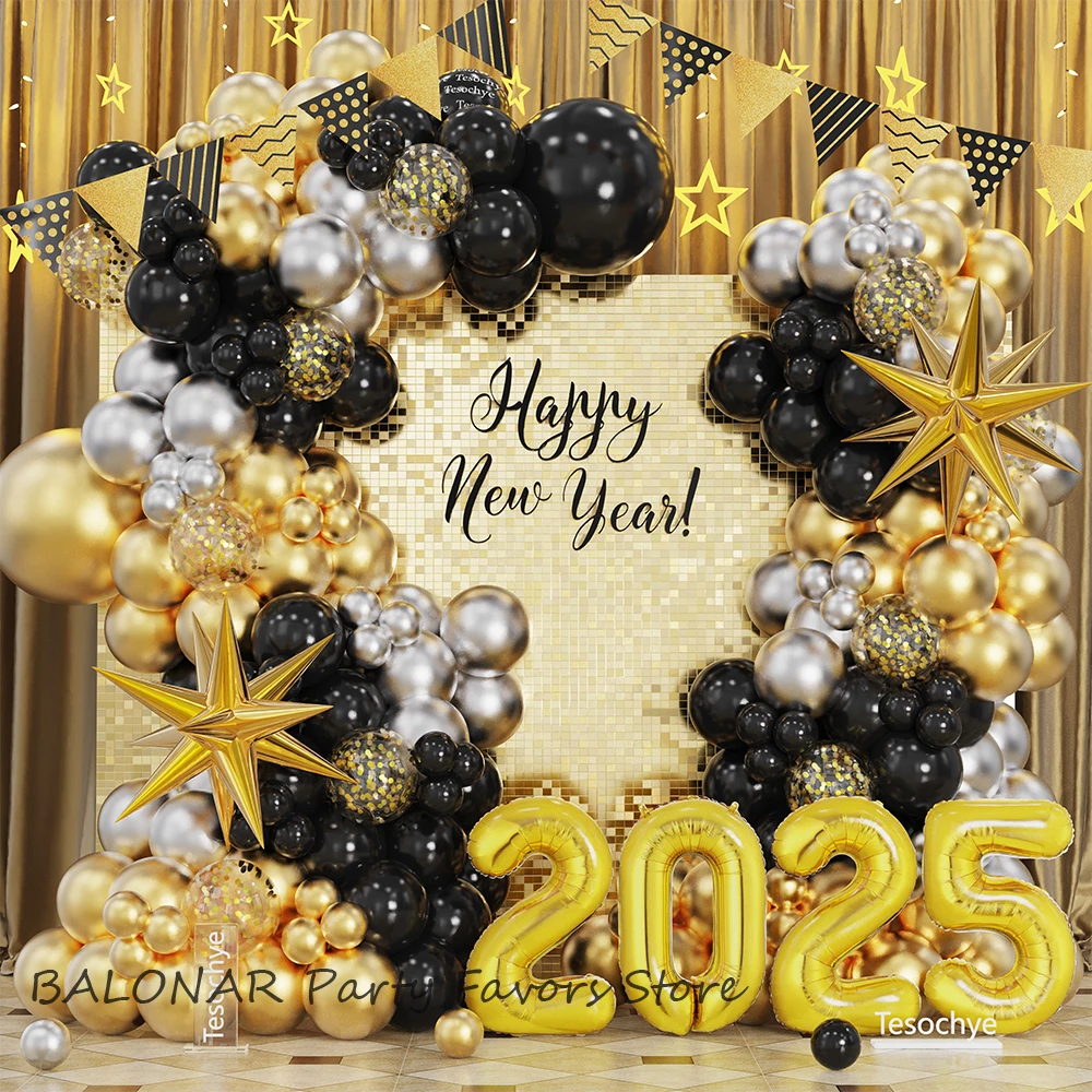 

106/115Pcs Happy New Year Black Gold Balloon Garland Set Explosive Star 2025 Digital Foil Balloon New year Eve Party Decoration