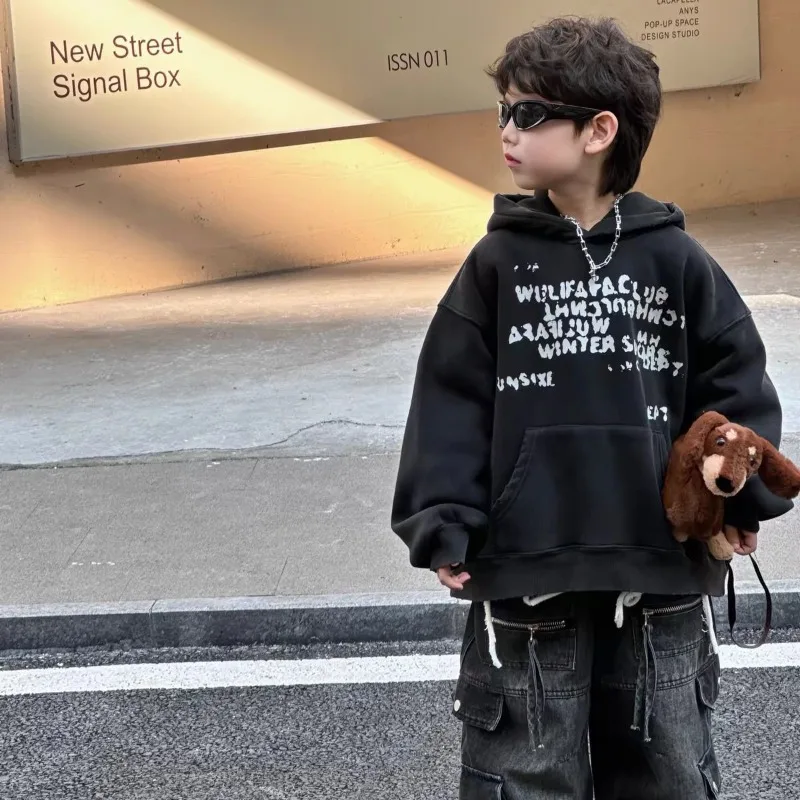 

2025 New Boys' Winter Korean-Style American Letter Print Versatile Fleece-Lined Hoodie - Kids' Stylish Cool Top