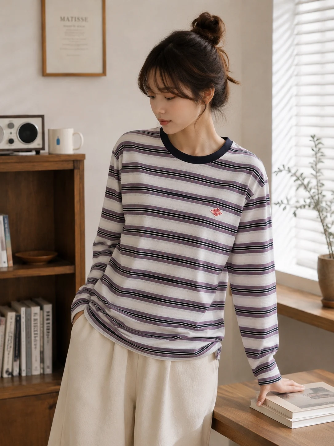 DANTON Japanese-style color-block striped crew neck short-sleeve T-shirt, unisex, casual and versatile for everyday wear