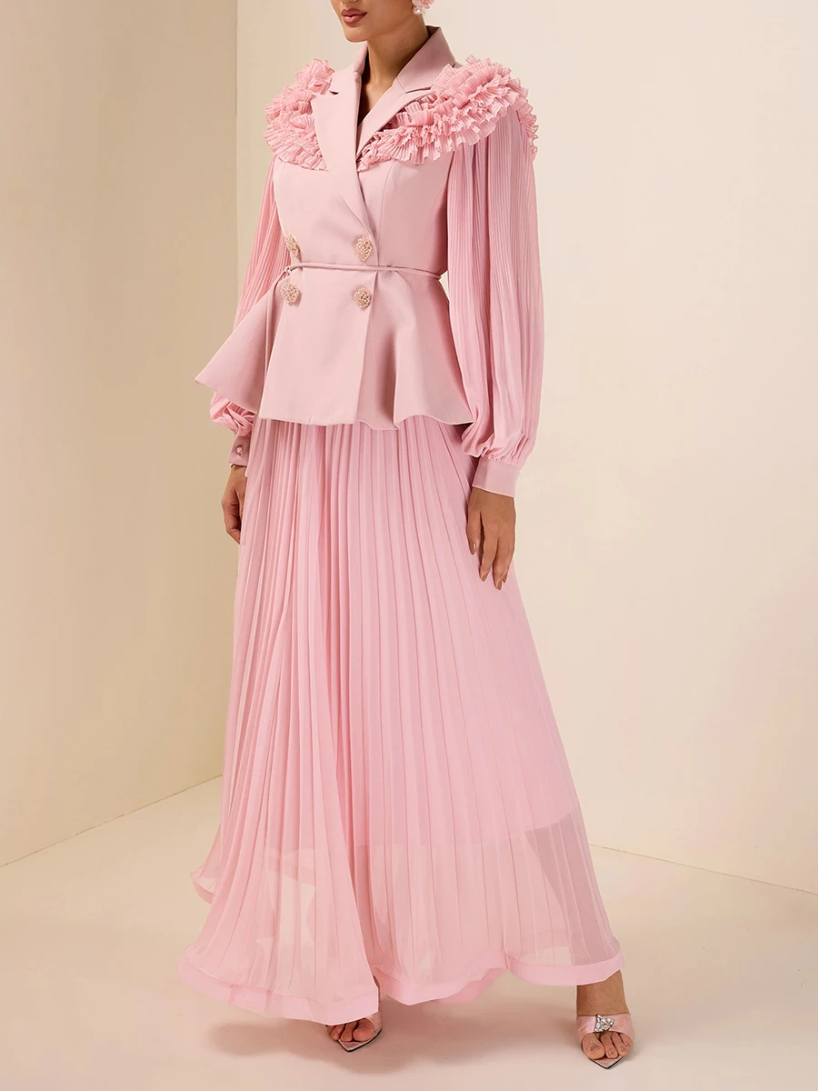 TWOTWINSTYLE Solid Slimming Two Piece Sets for Women Lapel Long Sleeves Spliced Fungus Folds Blazer High Waist Skirt Set Female
