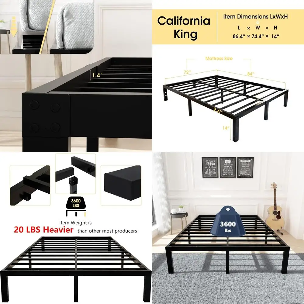 

14 Heavy Duty Cal King Metal Slat Mattress Foundation, 3600 lbs Capacity, Quick Lock Assembly