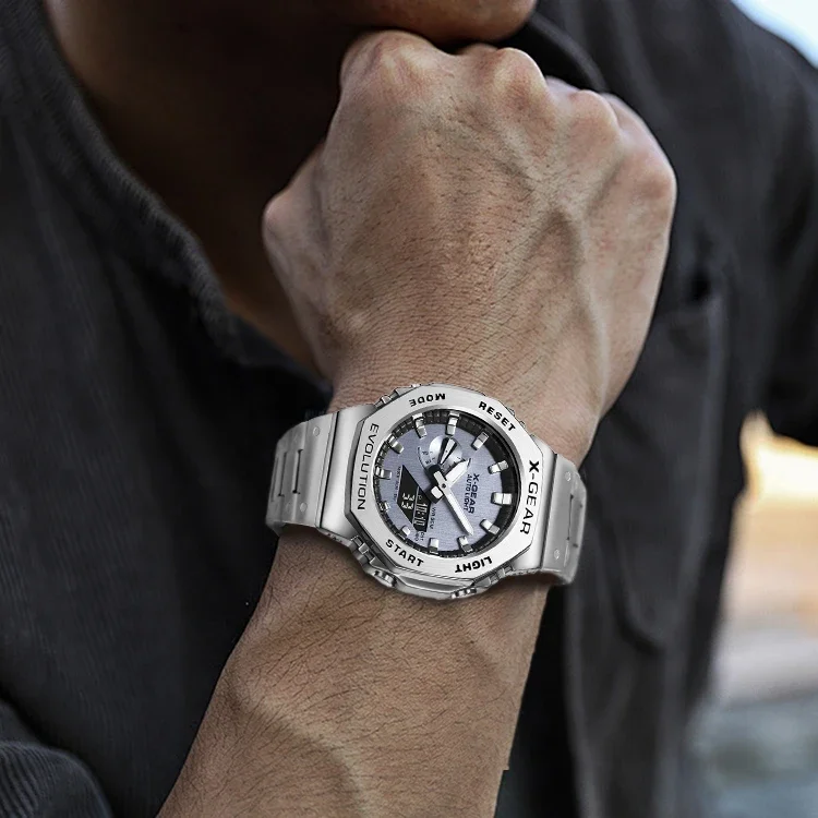 shock resistance Watch Digital Sports Electronic Unisex Full Function World Time LED Steel Strap Folding 2100 Oak Series