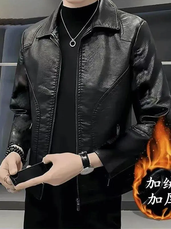 

Мужская модная приталенная кожаная куртка с воротником, повседневная верхняя одежда, теплая зимняя куртка на флисовой подкладке, стильное пальто Haome