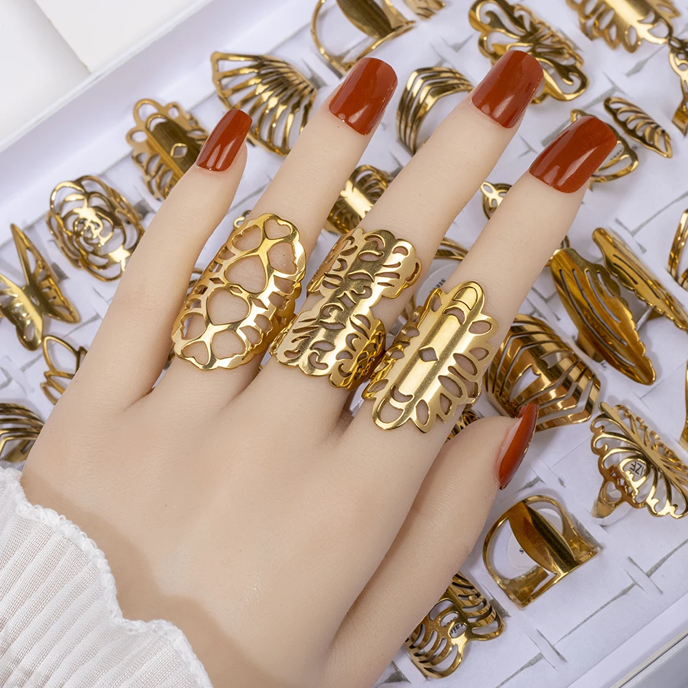 20 قطعة/الوحدة المرأة موضة الفولاذ المقاوم للصدأ الكبيرة والصغيرة الجوف قطع خواتم مجوهرات مزيج الحب زهرة القلب نمط للحزب هدية