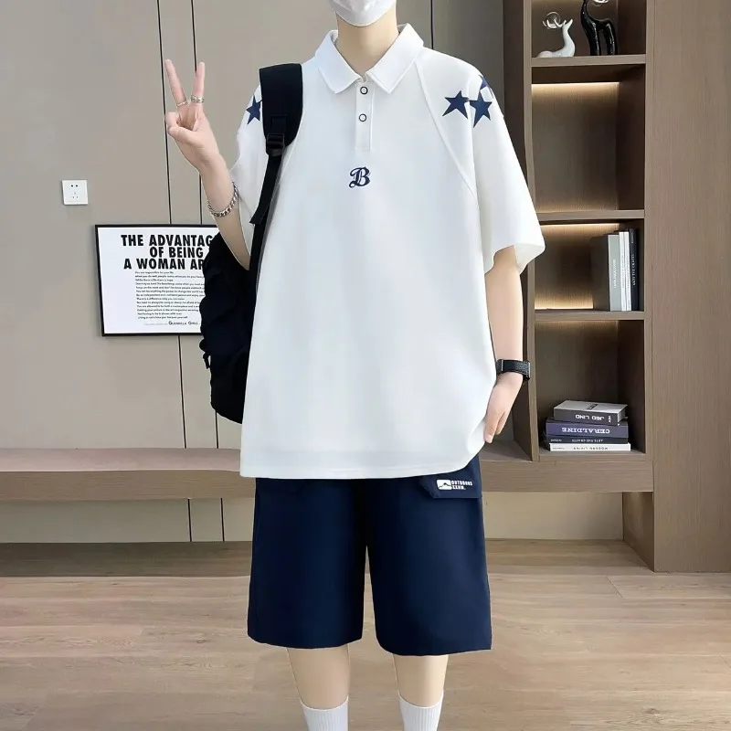 Conjunto de dos piezas tipo polo con estampado de estrellas estilo Hong Kong para adolescentes, conjunto informal holgado para estudiantes, verano M 4XL
