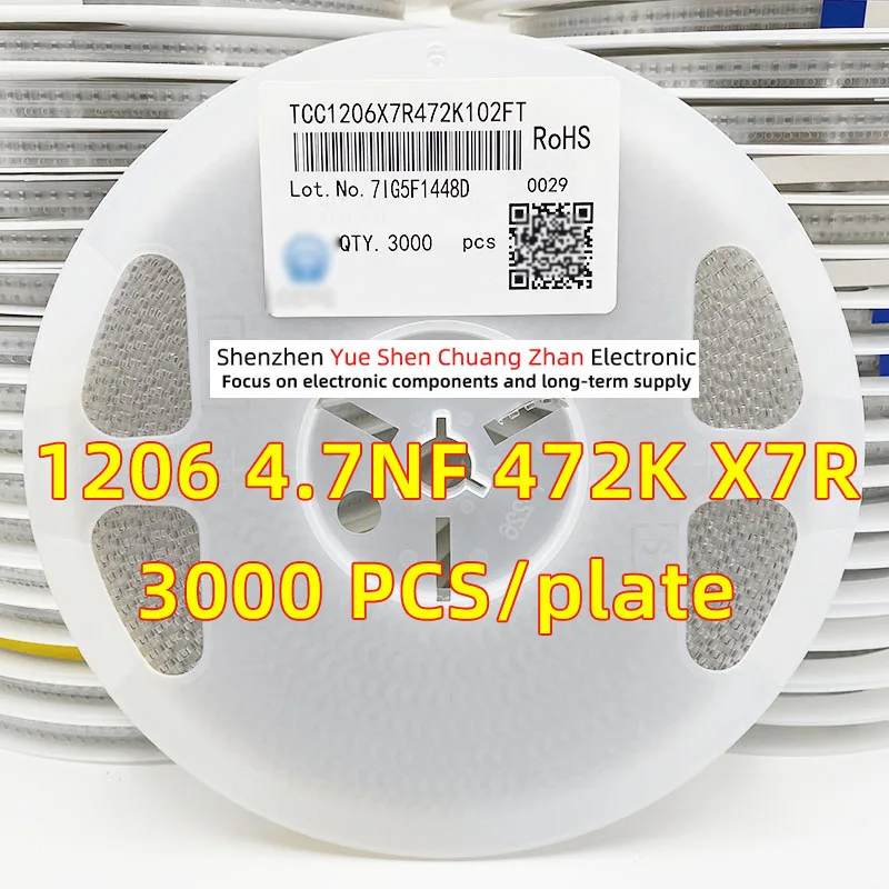 

Patch Capacitor 1206 4.7NF 472K 1000V Error 10% Material X7R Genuine capacitor（Whole Disk 3000 PCS）