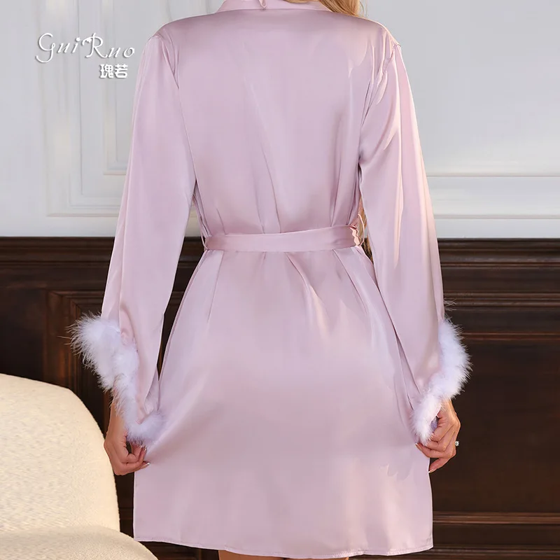 المرأة مثير خياطة الساتان ثوب النوم ، بلاكيت الريش ، عميق الخامس ، إغراء ، نمط كسول ، ارتداء المنزل ، موحدة ، الكبار