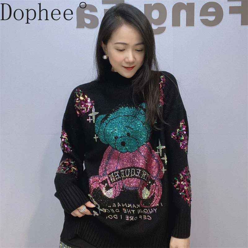 Trendy Autumn Winter Female Sweaters 2024 New Lazy Wind High Collar Pullover Top Cute Bear Hot Drilling Women Knitted Jumpers