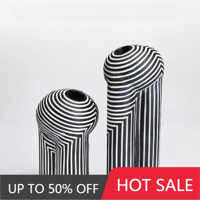 Nordic Interior Vase Modern Black White Stripes Resin Vases Tabletop Creative Design Vase Minimalist Ornaments Home Decoration