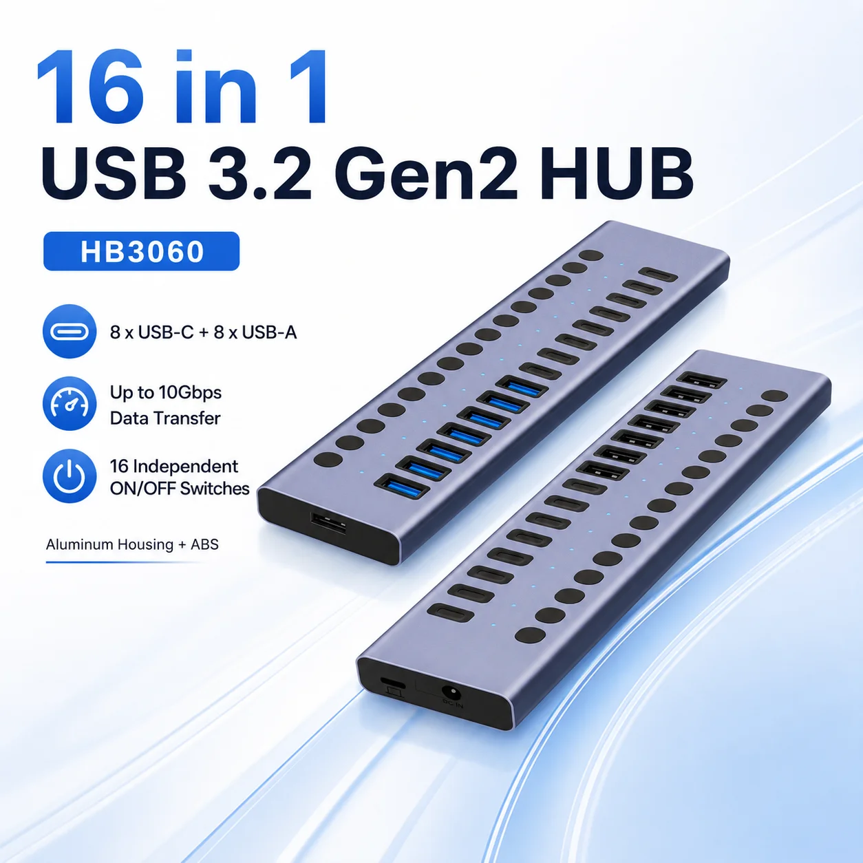 16-in-1 USB-C 3.2 Gen2 Hub, 8xUSB-C + 8xUSB-A 10Gbps, 16 Independent Power Switches, BC1.2, DC 12V 8A for Laptop/PC