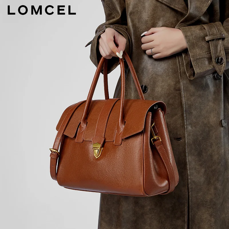 LOMCEL 118 Retro genuine leather handbag - new full-grain cowhide large capacity briefcase for business trips and daily commutes