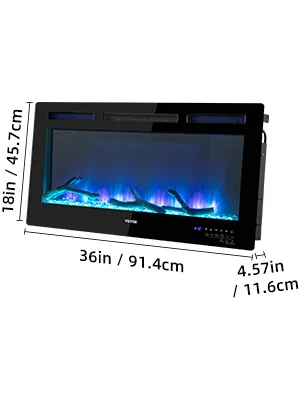 VEVOR 1500W Electric Fireplace 36-60 Inch Recessed Wall Mounted Black Stove Fit Adjustable Flame Speed with Smart Control Heater