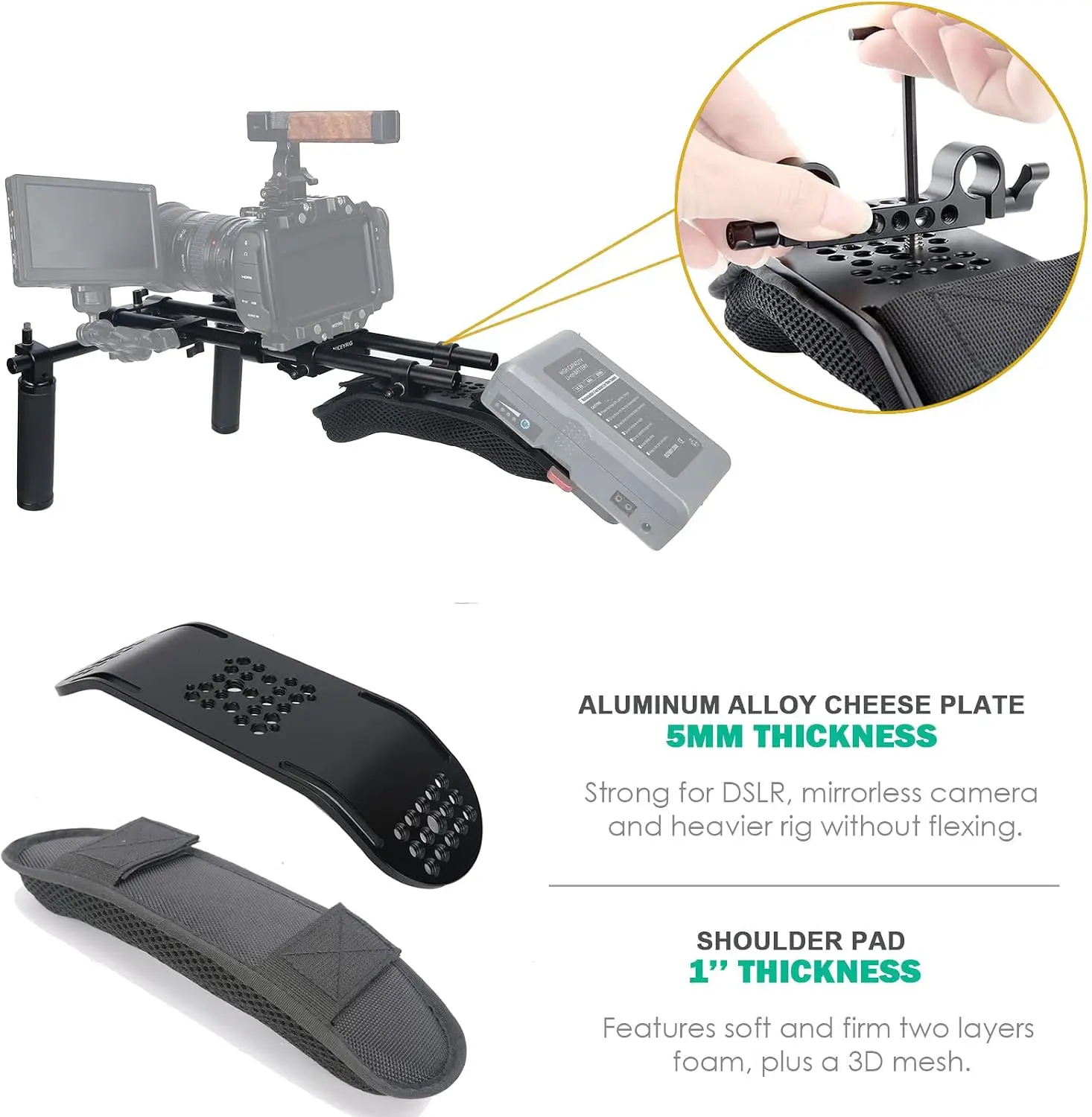 NICEYRIG Shoulder Pad Support System for DSLR Camera Cinema Camcorder with Base Plate, Aluminum Alloy Rod, Handle Set