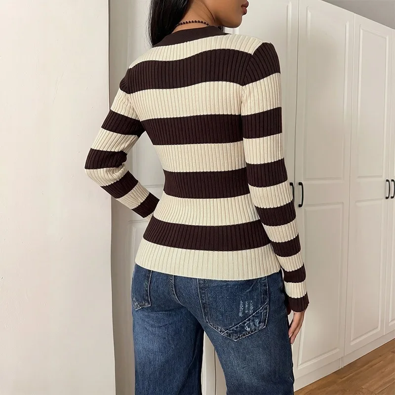 Women Striped Polo Sweater Lapel V Collar Ribbed Long Sleeve Slim Fit Knit Top Fall Casual Streetwear
