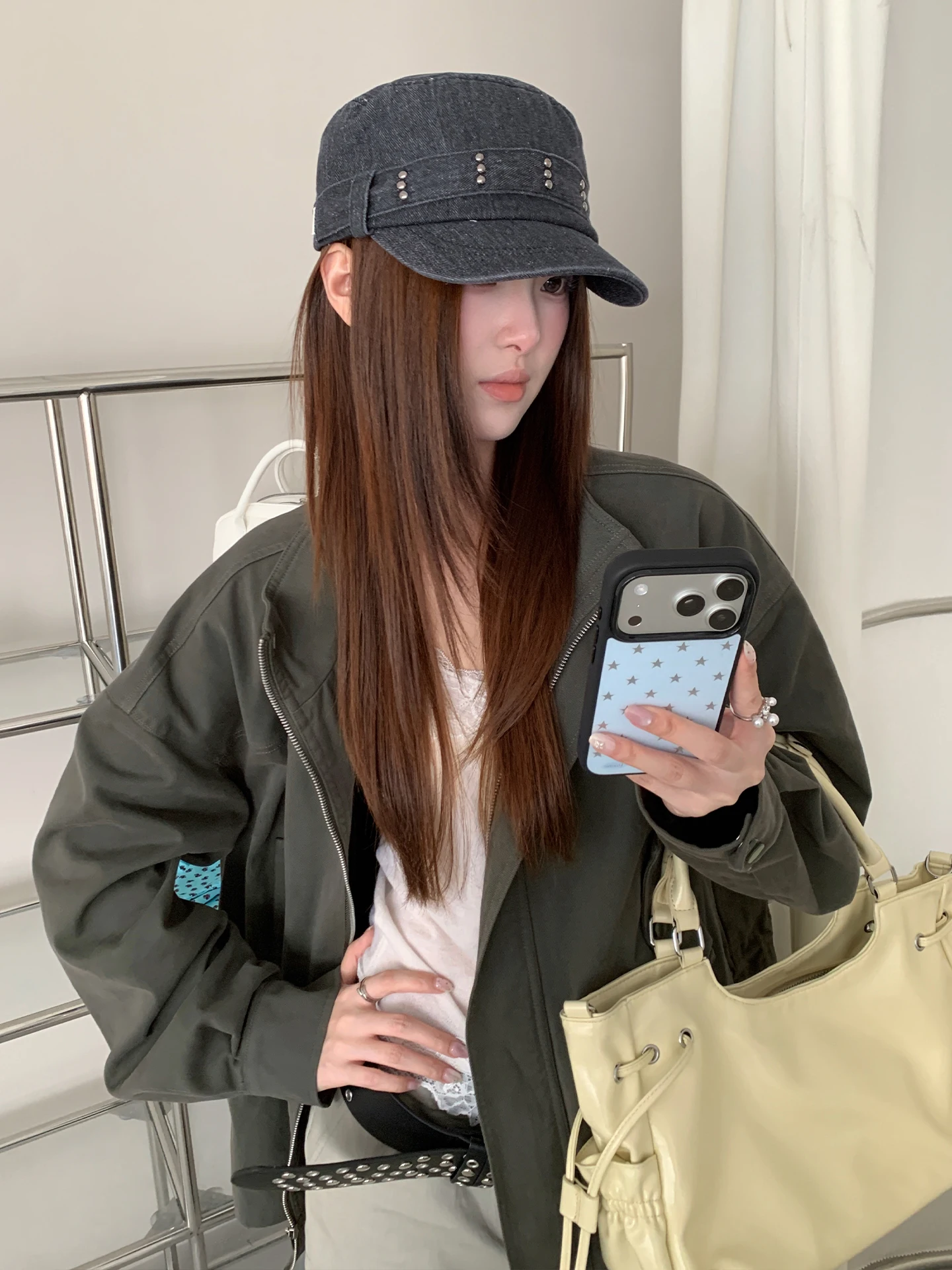 Korean Vintage Distressed Washed Denim Studded Baseball Cap Women's Slimming Flat Top Sun Hat Decorative Equestrian Hat