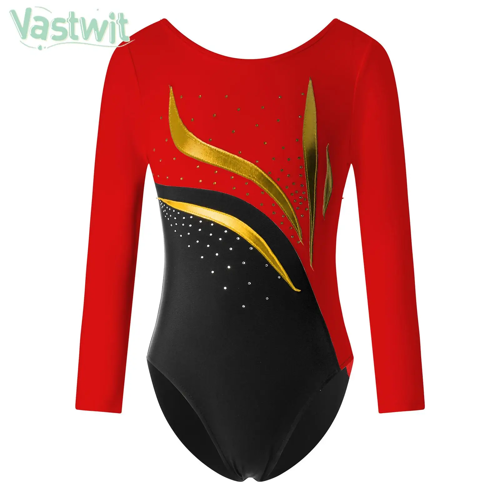 Children Girls Long Sleeve Shiny Rhinestone Ballet Dance Leotard Gymnastics Figure Skating Acrobatics Yoga Bodysuit Dancewear